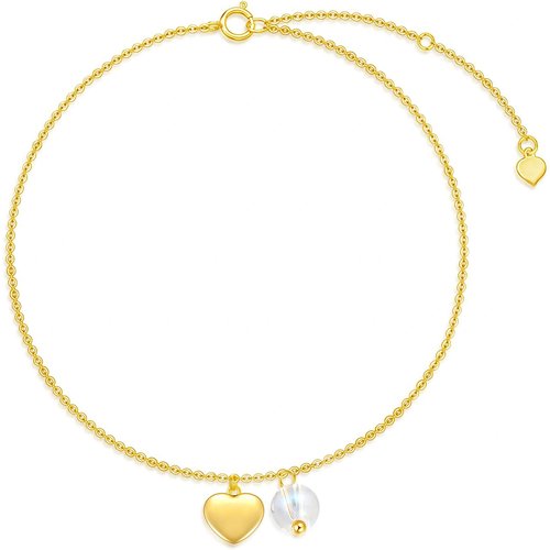 14K Gold Moonstone Heart Shape Single Layered Charm Anklet Anniversary Gift For Women
