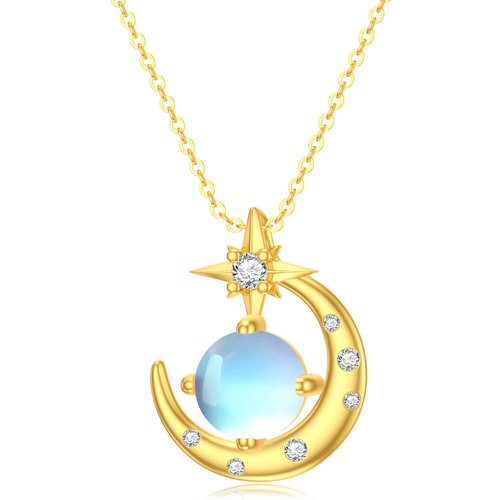 14K Gold Cubic Zirconia Moonstone Moon And Star Pendant Necklace For Women