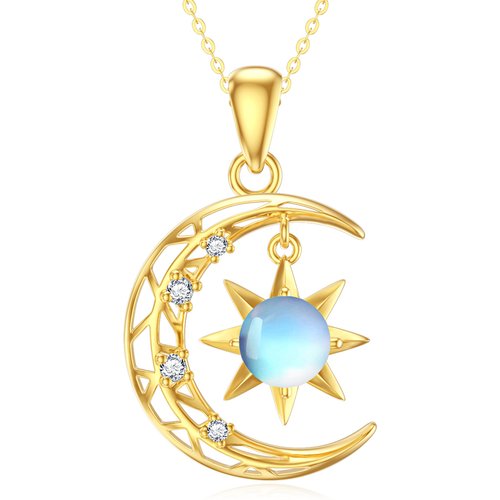 14K Gold Moonstone Moon & Sun Pendant Necklace