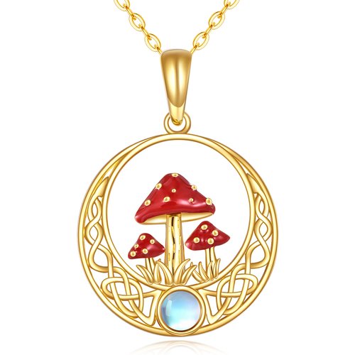 14K Gold Moonstone Mushroom & Celtic Knot Pendant Necklace