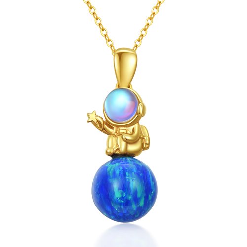 14K Gold Moonstone & Opal Astronaut Pendant Necklace
