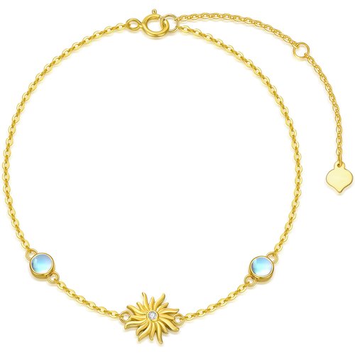 14K Gold Cubic Zirconia & Moonstone Sunflower Charm Bracelet