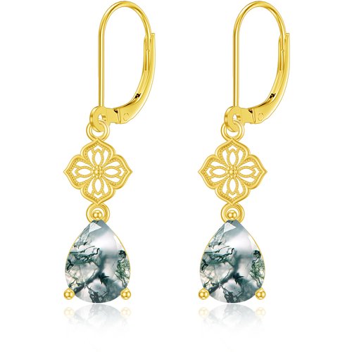 14K Gold Moss Agate Drop Shape Lever-back Earrings