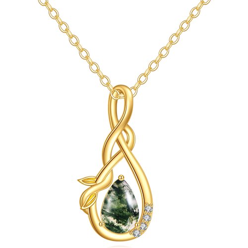 14K Gold Cubic Zirconia & Moss Agate Leaves & Infinity Symbol Pendant Necklace