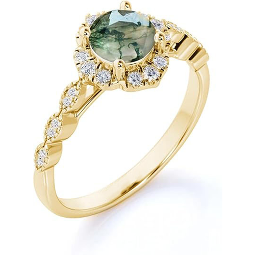 14K Gold Moss Agate Round Ring