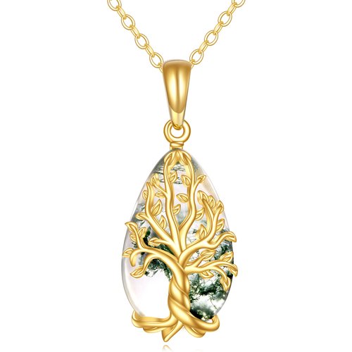 14K Gold Moss Agate Tree Of Life Pendant Necklace