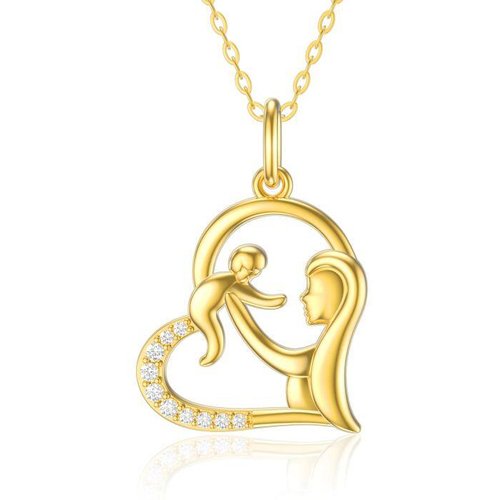 14K Gold Cubic Zirconia Mother & Baby Heart Pendant Necklace
