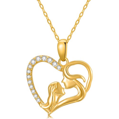14K Gold Cubic Zirconia Mother & Daughter Contour Heart Pendant Necklace