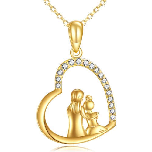 14K Gold Cubic Zirconia Mother & Daughter & Heart Pendant Necklace