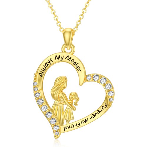14K Gold Cubic Zirconia Mother & Daughter Heart Pendant Necklace with Engraved Word
