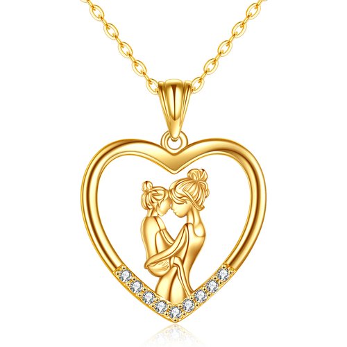 14K Gold Cubic Zirconia Mother With Daughter With Heart Pendant Necklace For Women Best Friend