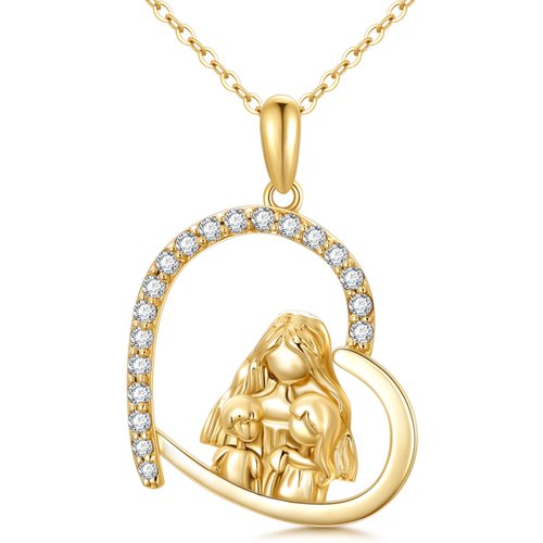 14K Gold Cubic Zirconia Mother & Daughter Heart Pendant Necklace For Mom