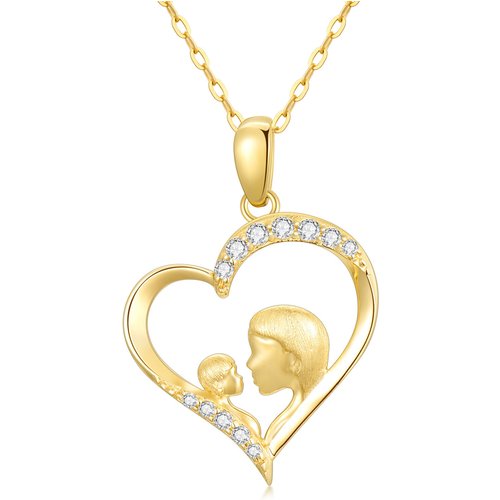 14K Gold Cubic Zirconia Mother & Heart Pendant Necklace