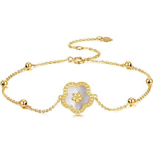 14K Gold Mother Of Pearl Daisy & Bead Charm Bracelet