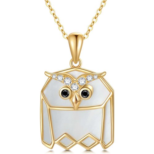 14K Gold Cubic Zirconia & Mother Of Pearl Owl Pendant Necklace