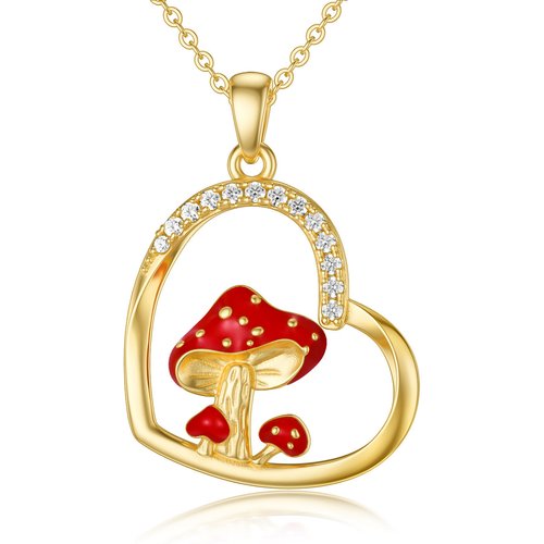 14K Gold Cubic Zirconia Mushroom & Heart Pendant Necklace