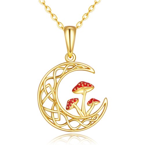 14K Gold Mushroom & Moon Pendant Necklace