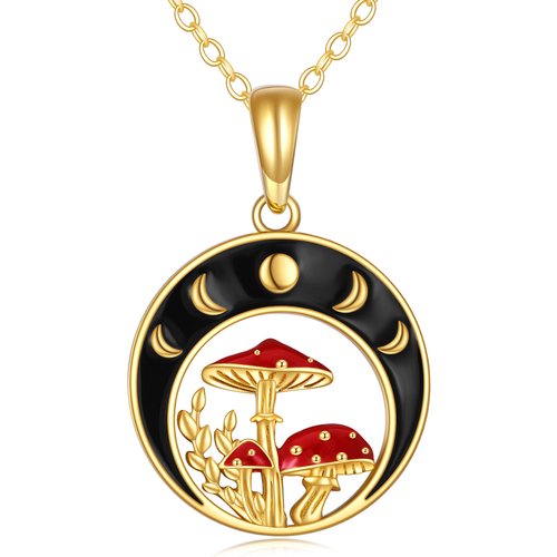 14K Gold Mushroom & Moon With Sun Pendant Necklace For Women