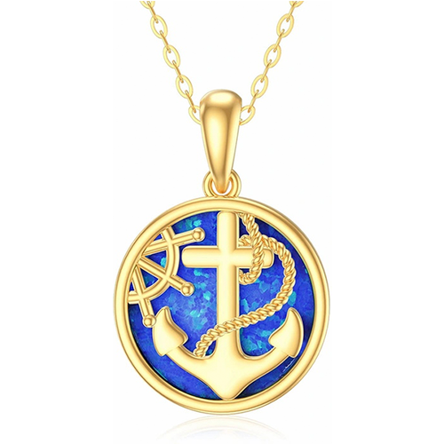 14K Gold Opal Anchor Pendant Necklace