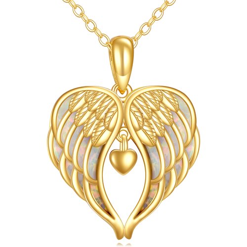14K Gold Opal Angel Wing Pendant Necklace