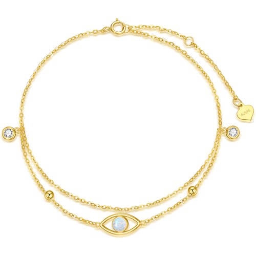 14K Gold Cubic Zirconia & Opal Bead & Evil Eye Multi-layered Charm Anklet