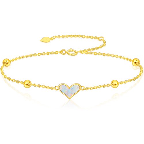 14K Gold Opal Bead & Heart Charm Bracelet