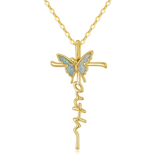 14K Gold Opal Butterfly & Cross Pendant Necklace