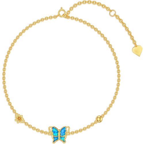 14K Gold Opal Butterfly Daisy Bead Charm Bracelet