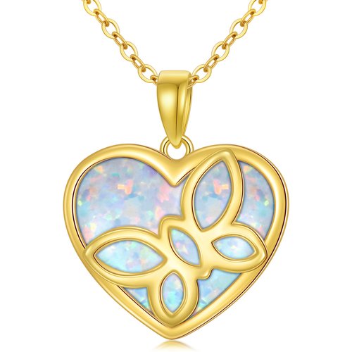 14K Gold Opal Butterfly & Heart Pendant Necklace