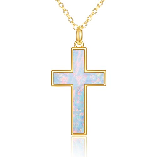 14K Gold Opal Cross Pendant Necklace