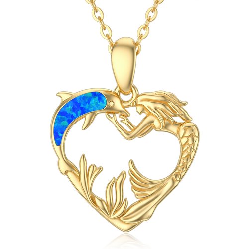 14K Yellow Gold Opal Dolphin With Mermaid Heart Pendant Necklace For Women