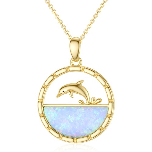 14K Gold Opal Dolphin Pendant Necklace