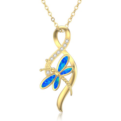 14K Gold Opal Dragonfly Infinity Symbol Necklace for Women