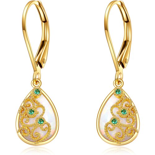 14K Yellow Gold Opal Drop Shape Drop Earrings For Women