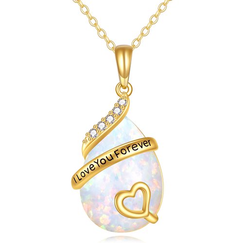 14K Gold Cubic Zirconia & Opal Drop Shape & Heart Pendant Necklace