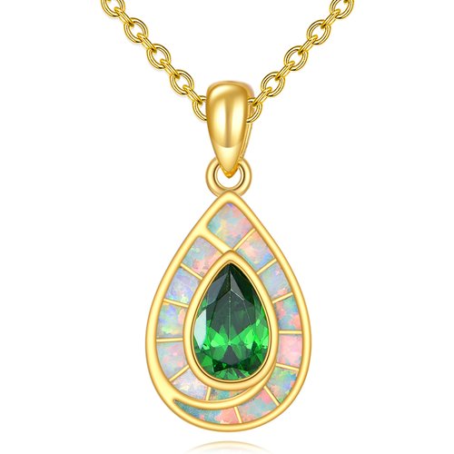 Sterling Silver with Yellow Gold Plated Cubic Zirconia & Opal Drop Shape Pendant Necklace