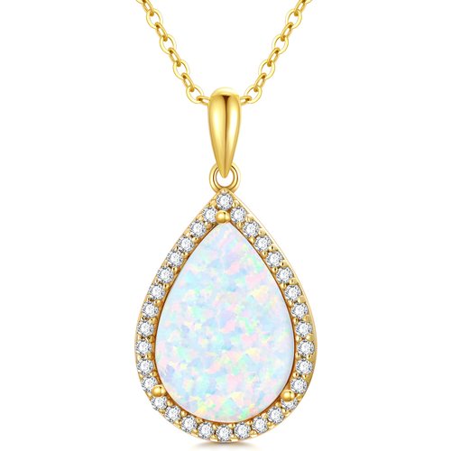 14K Gold Cubic Zirconia & Opal Drop Shape Pendant Necklace