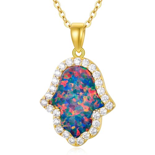 14K Gold Opal Hamsa Hand Pendant Necklace