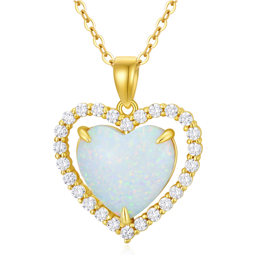 14K Gold Cubic Zirconia & Opal Heart Pendant Necklace
