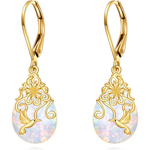 14K Gold Opal Hummingbird Lever-back Earrings