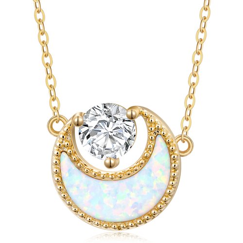 14K Gold Opal & Cubic Zirconia Moon Pendant Necklace