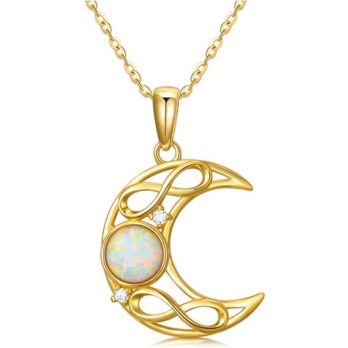 14K Gold Cubic Zirconia & Opal Moon Pendant Necklace