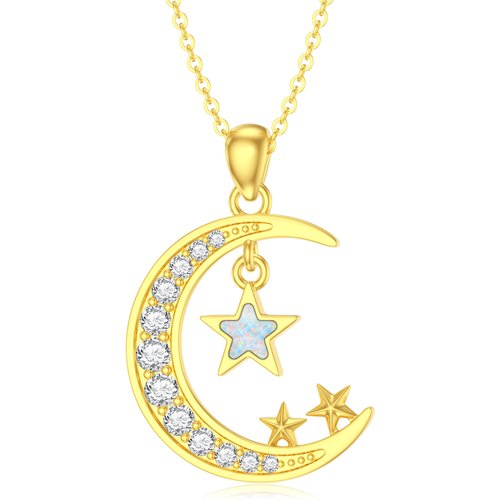 14K Gold Cubic Zirconia Opal Moon Star Necklace for Women