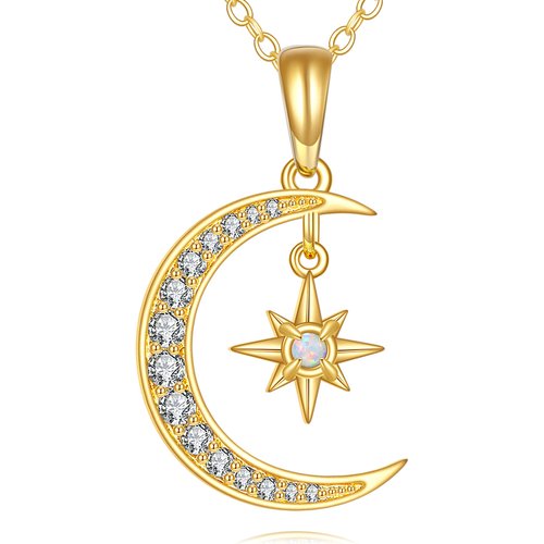 14K Gold Cubic Zirconia & Opal Moon & Star Pendant Necklace