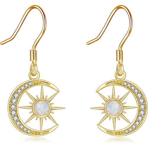 14K Gold Round Opal Moon & Sun Drop Earrings For Women