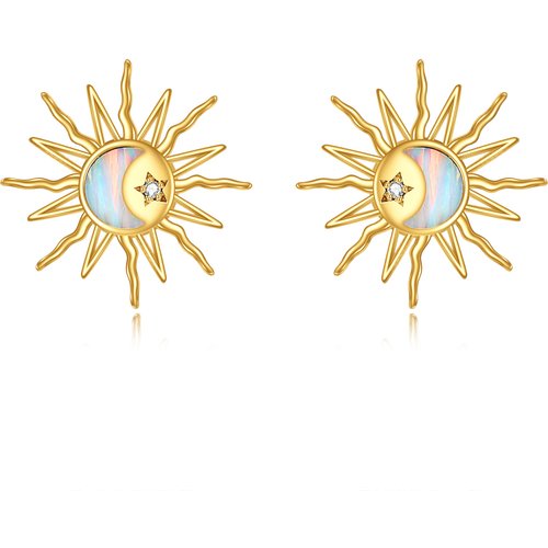 14K Gold Cubic Zirconia & Opal Moon & Sun Stud Earrings