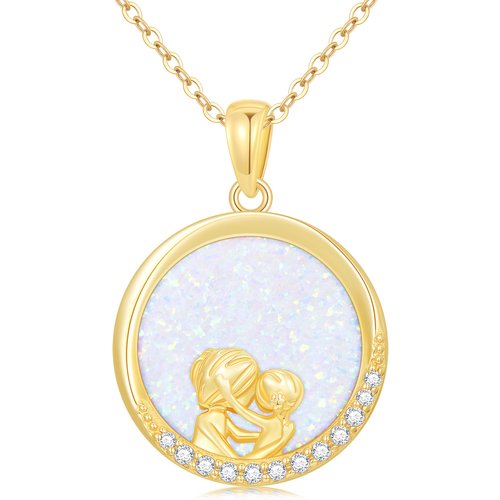 14K Gold Opal Mother Daughter Round Necklace for Women