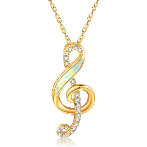 14K Gold Cubic Zirconia & Opal Note Pendant Necklace