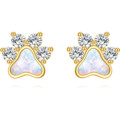 14K Gold Cubic Zirconia Opal Paw Stud Earrings for Women