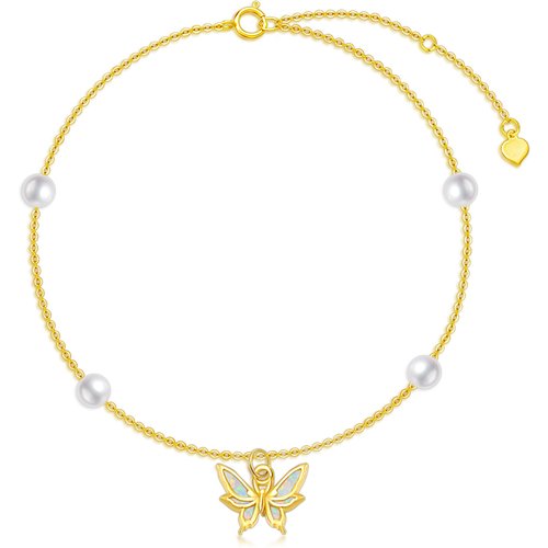 14K Gold Opal & Pearl Butterfly Single Layer Anklet
